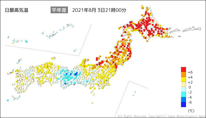 国内気温概況 21年8月3日21時 日本時間 までの最高気温の平年差 気温のページ 気温データから地球大気を見る