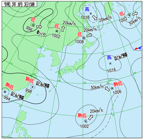 国内気温概況 21年8月3日21時 日本時間 までの最高気温の平年差 気温のページ 気温データから地球大気を見る